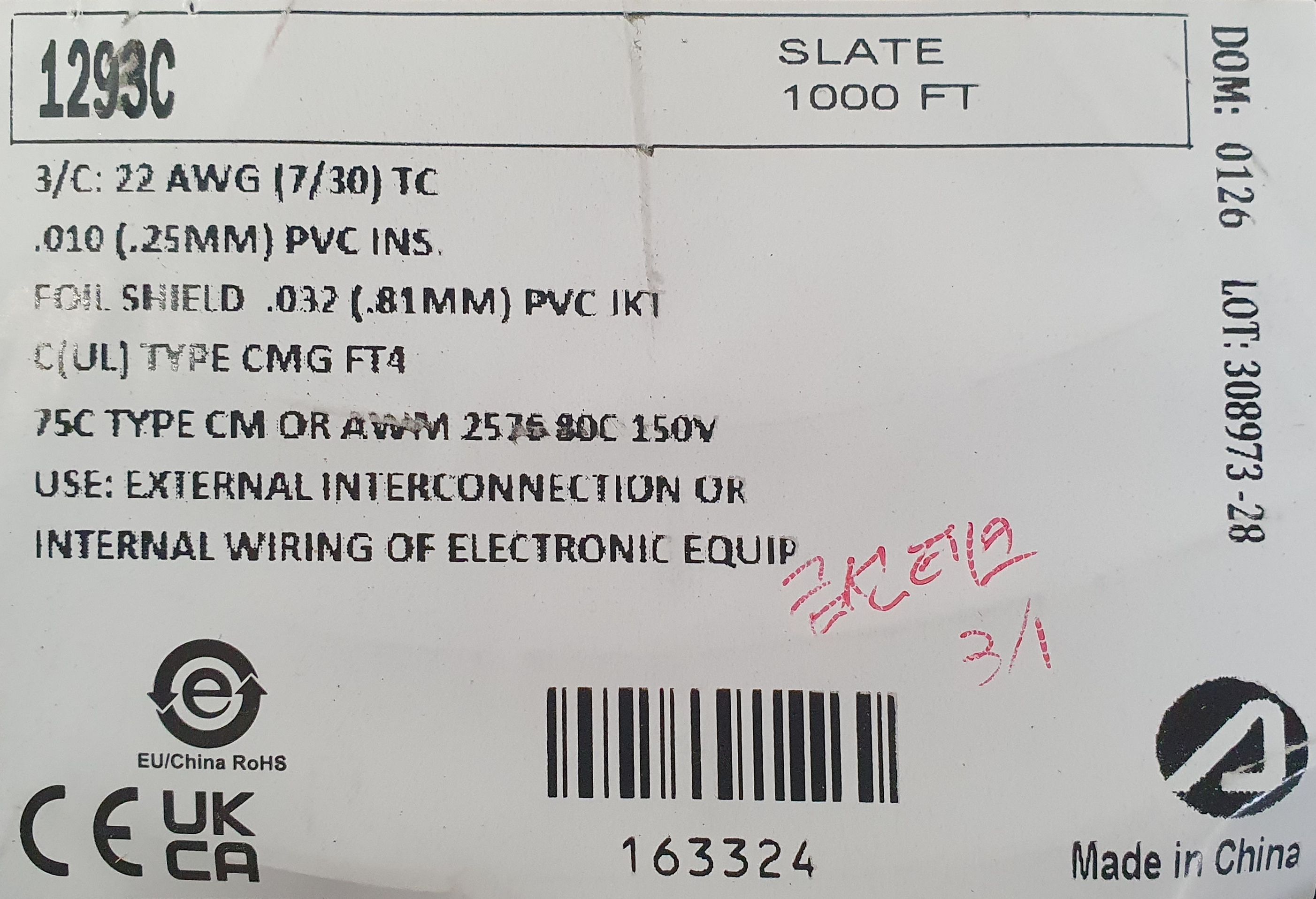[알파와이어] AlphaWire 1293C, 3C 22AWG (300m)