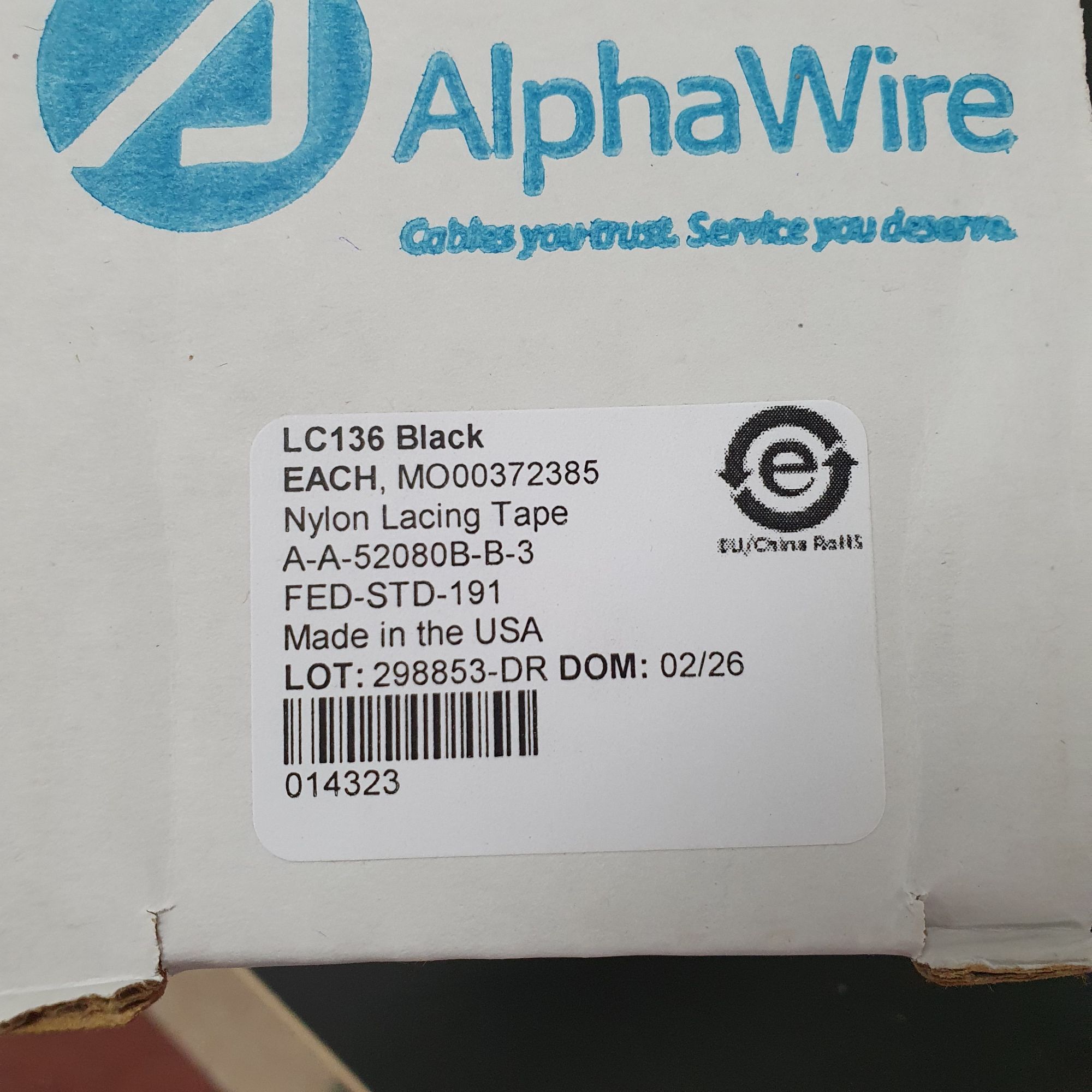 AlphaWire LC-136 BK088 Black Lacing Tape알파와이어 - AlphaWire LC-136 BK088, Lacing Tape, A-A-52080-B-3, FED-STD-191, Finish: B – Microcrystalline fungicide wax, mercury and copper free